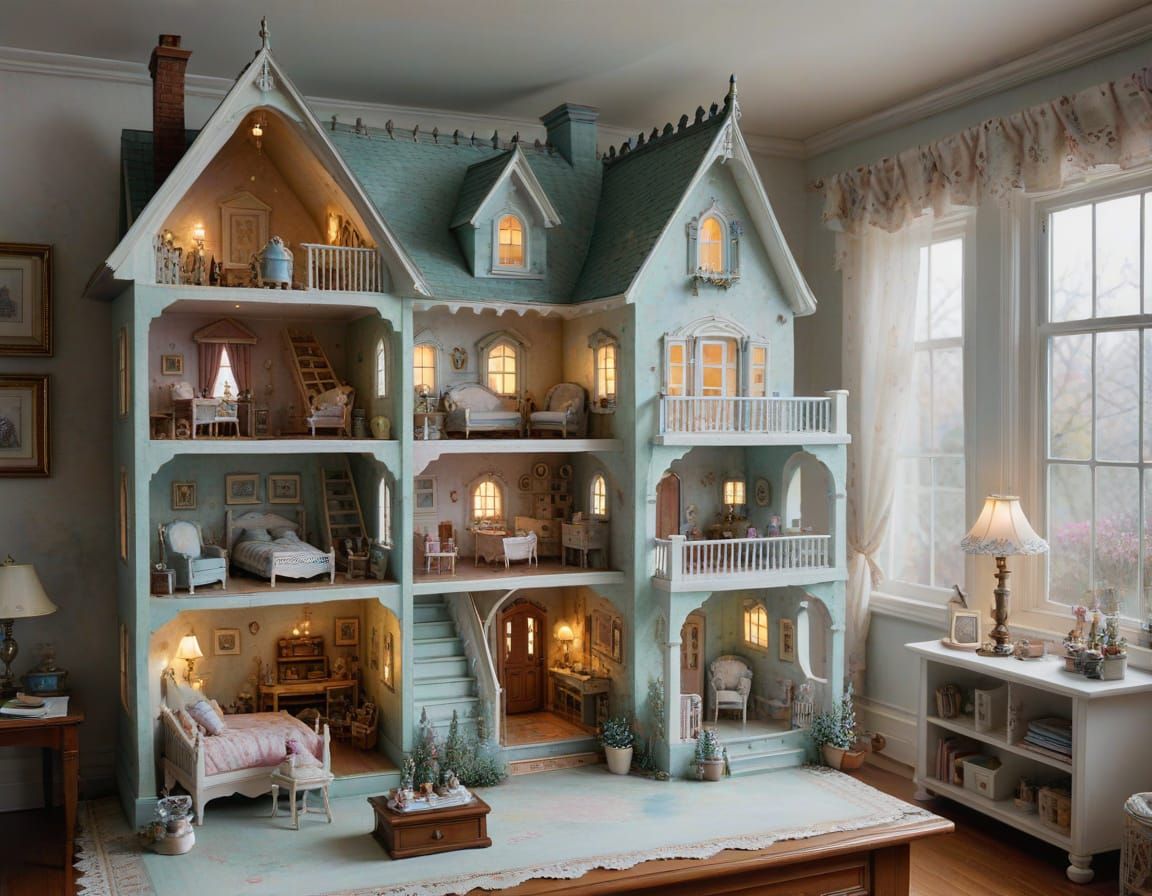 Dream Dollhouse in Girl's Room, Watercolour and Ink