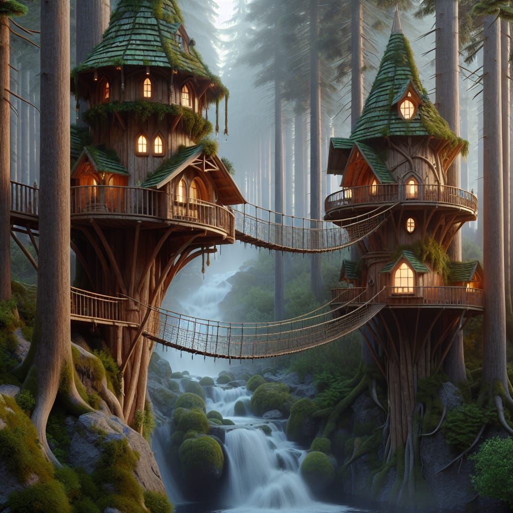 Whimsical Treehouses in an Enchanted Evergreen Forest