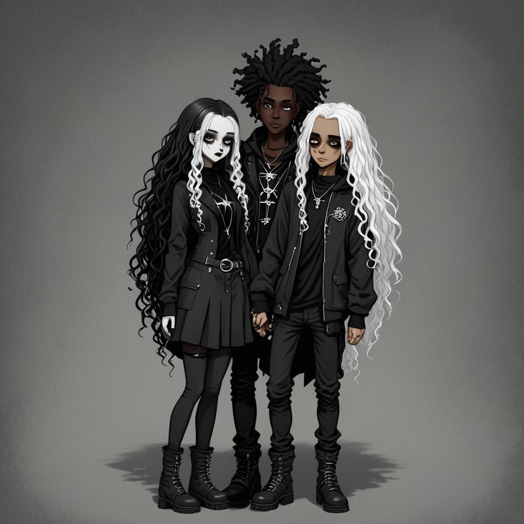 Cartoon Goth Couple in Black Clothes and Silver