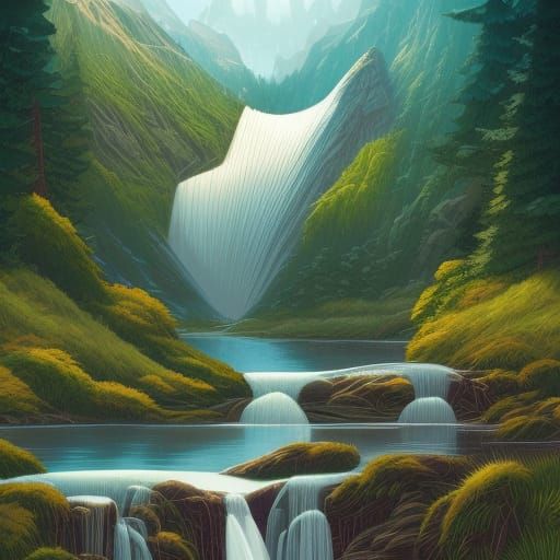 Waterfall and Mountains in Comic Book Art Style