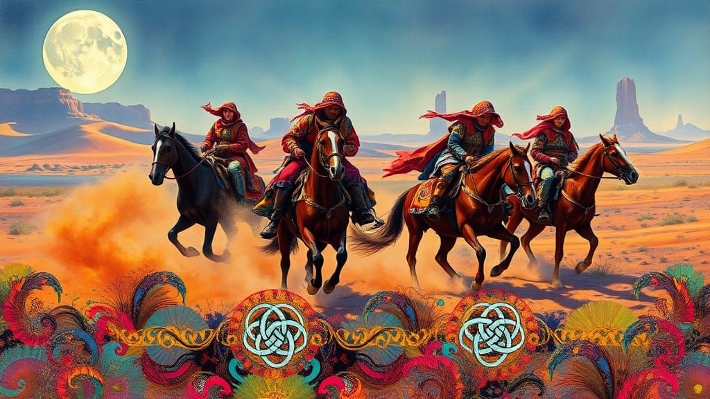 Gypsies Ride Horses Across Moonlit Desert