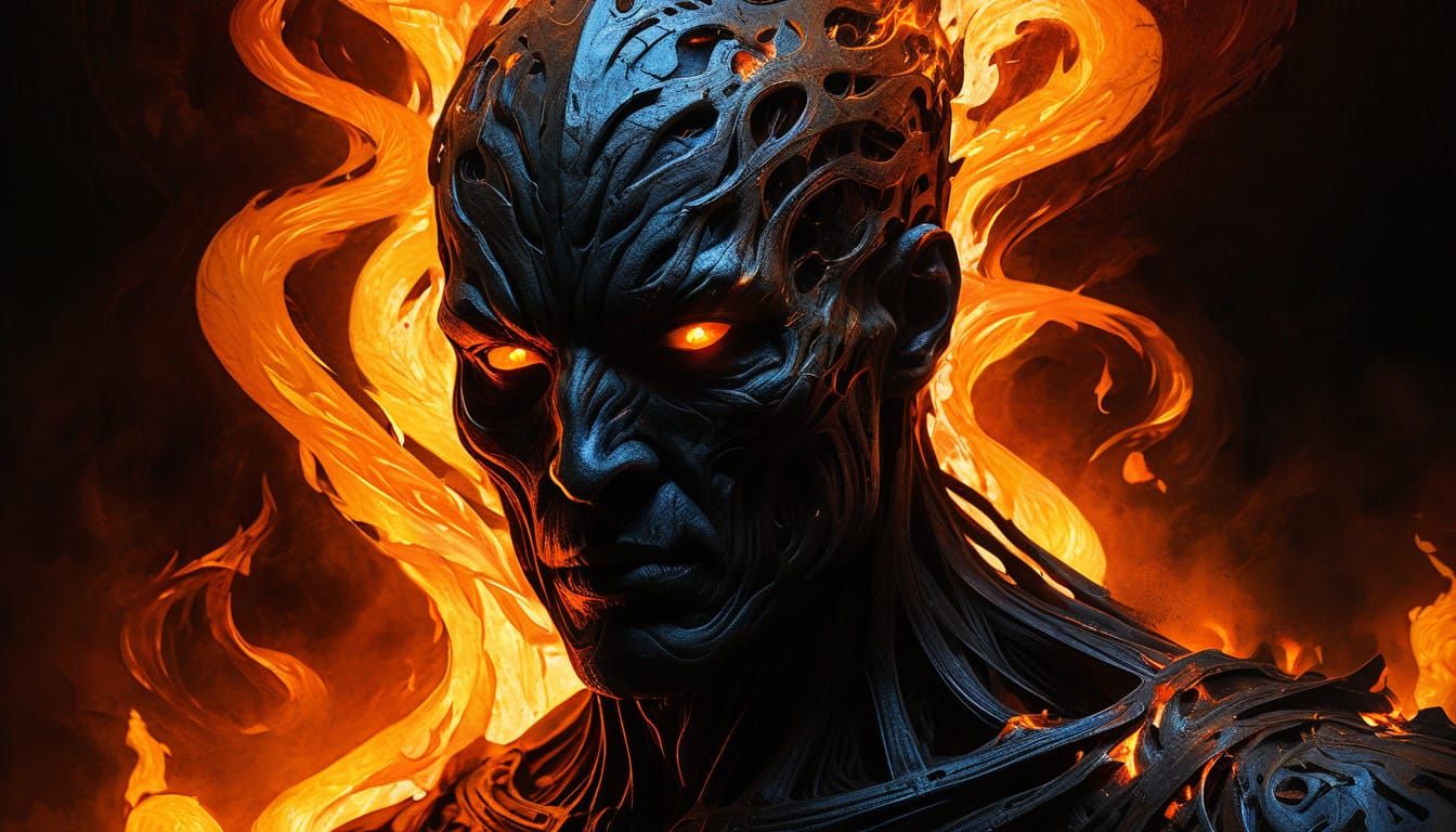 Dark, Surreal Portrait of a Figure Engulfed in Flames