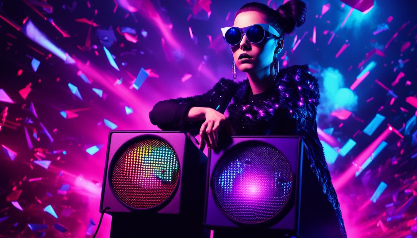 Goth Lady on Exploding Speaker in Surreal Digital Art