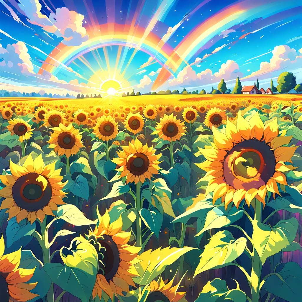 Anime Sunflower Field with Rainbow Sky