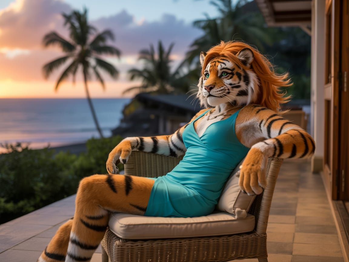 Anthropomorphic Tigress Enjoying a Tropical Sunset