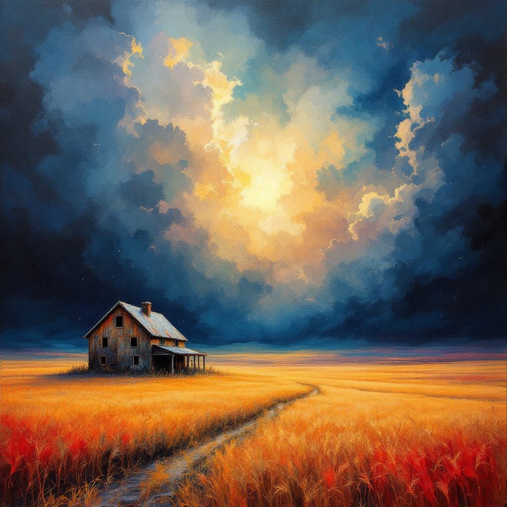Forsaken Farmhouse in Stormy Wheat Field