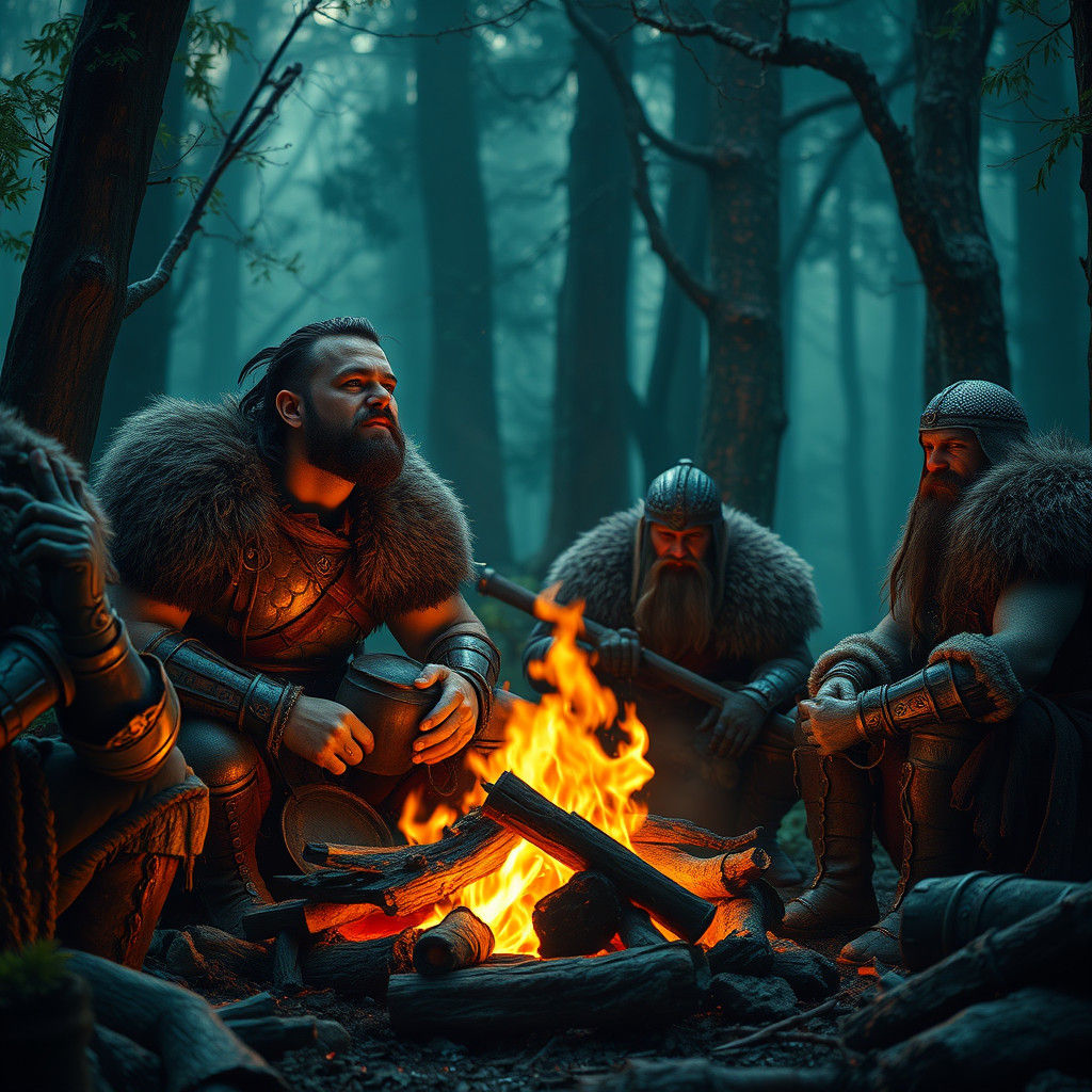 Weary Barbarians Relaxing by Campfire in Forest