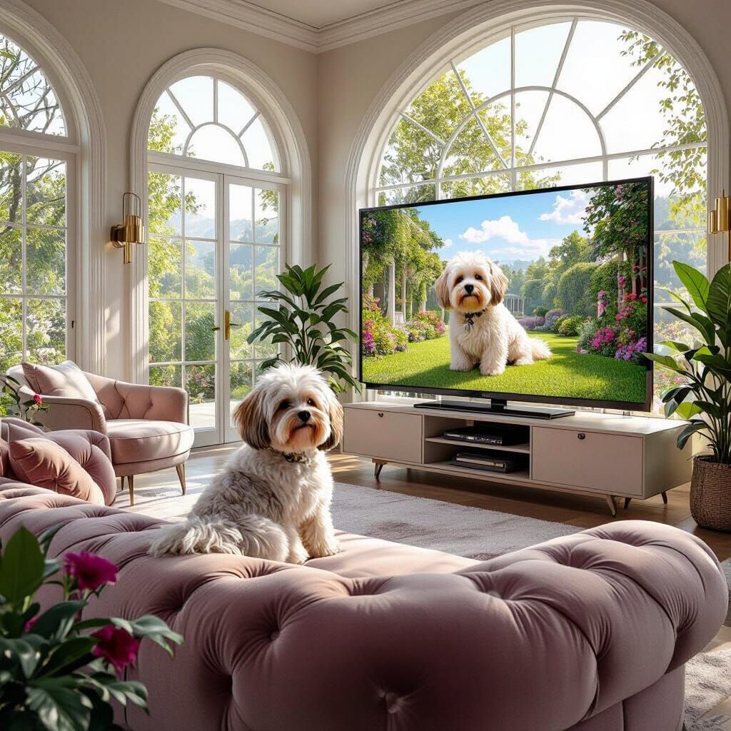 Havanese Dog in Translucent Mansion, Hyperrealistic Style