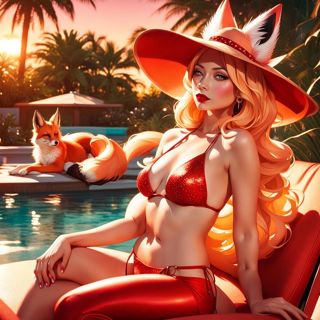 Kitsune Relaxing Poolside in Golden Hour Light