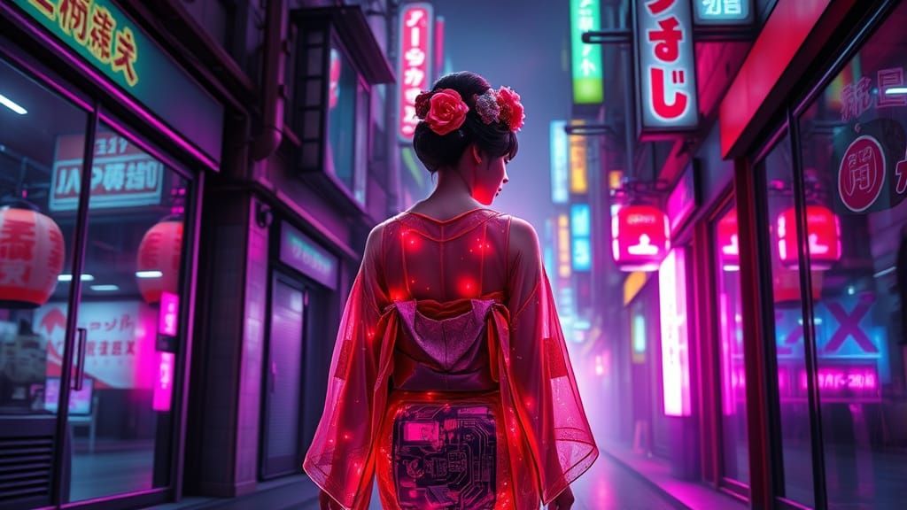 Cyberpunk Geisha in Neon Tokyo with Glass Kimono
