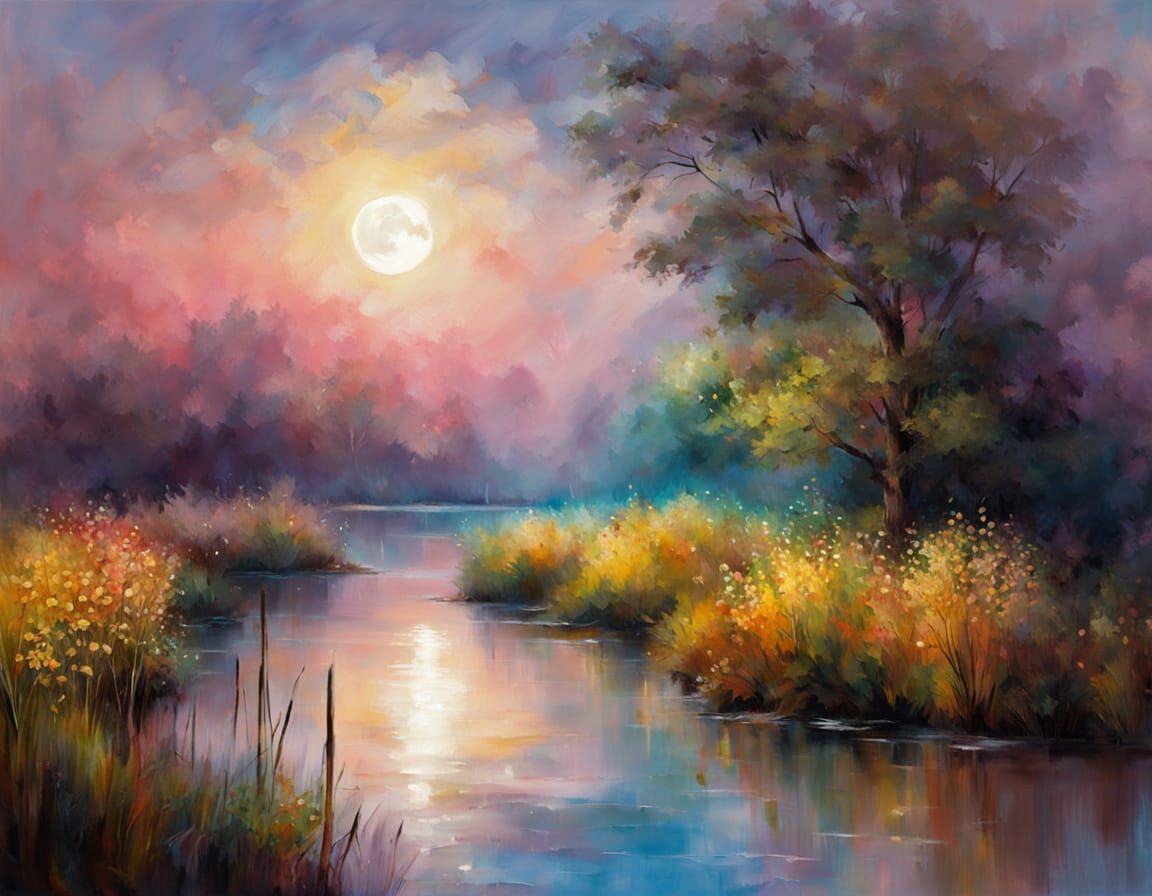 Impressionist Moonlit Riverbank Scene