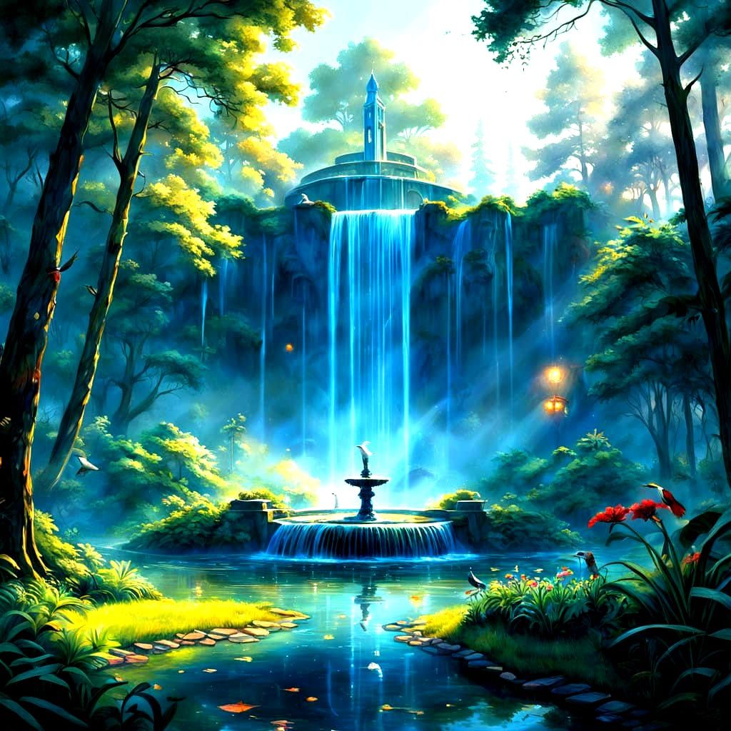 Whimsical Garden Scene in Thomas Kinkade Style