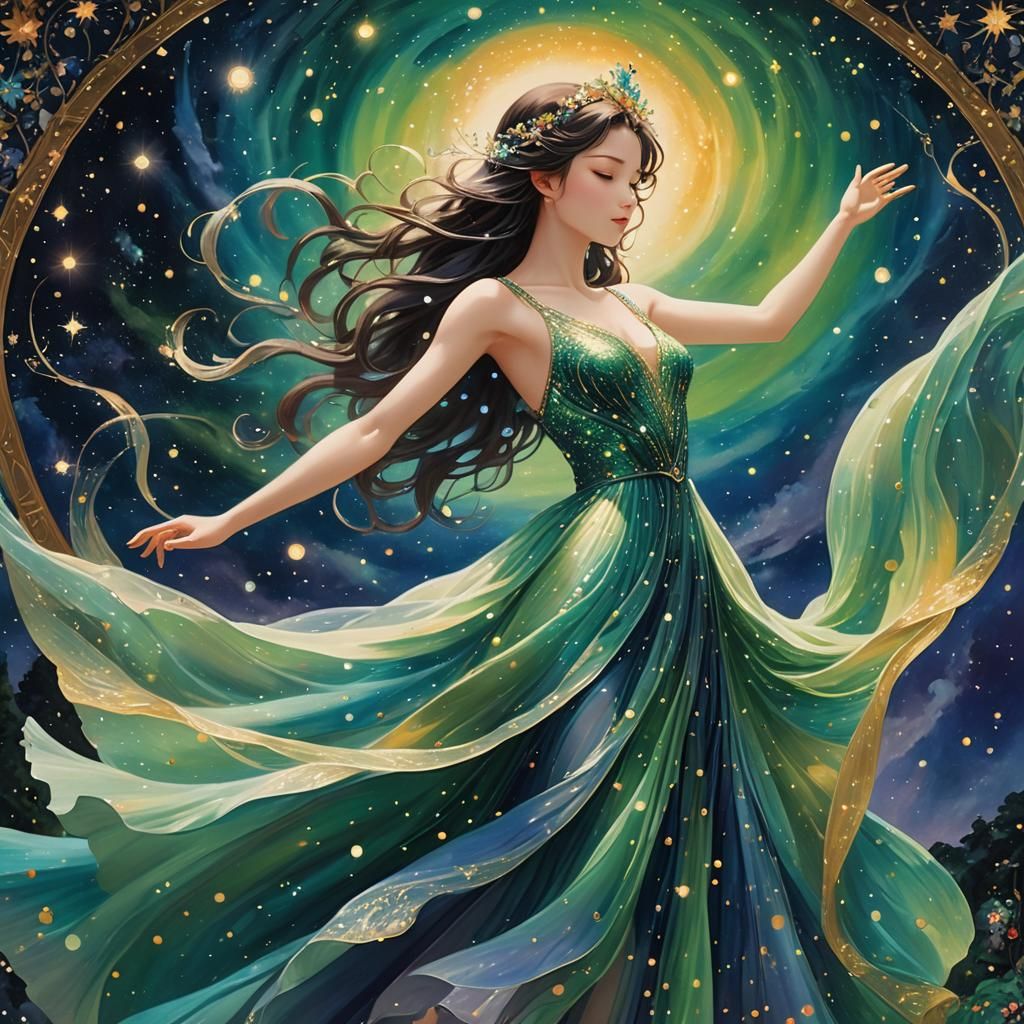 Ethereal Goddess Dancing in Stardust Tapestry