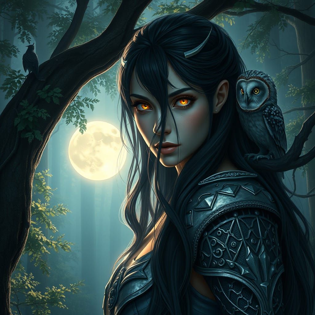Mystical Goddess Surrounded by Moonlit Forest