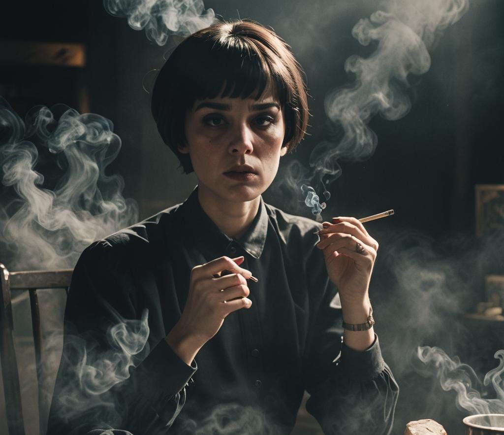 Dramatic Film Still: Woman in Blue Satin Dress