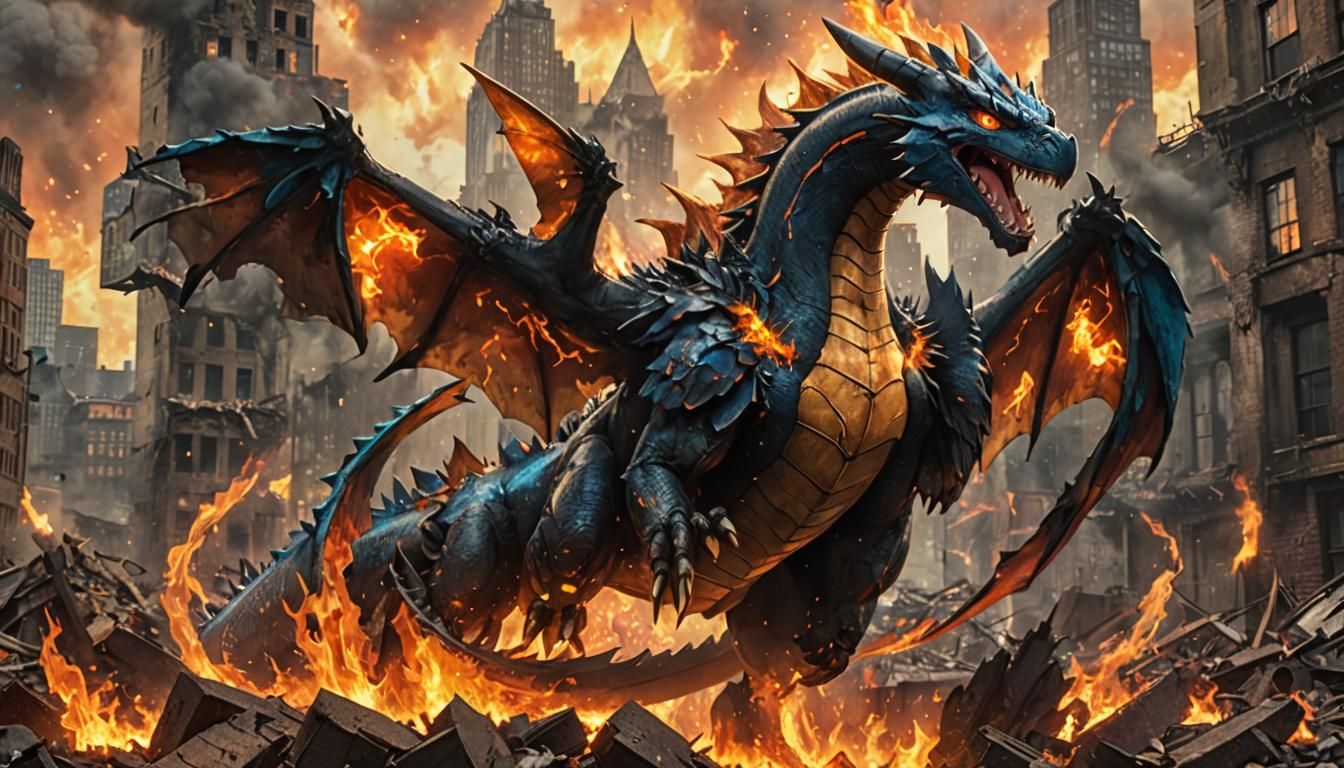 Mega Charizard Y in Smoldering Cityscape