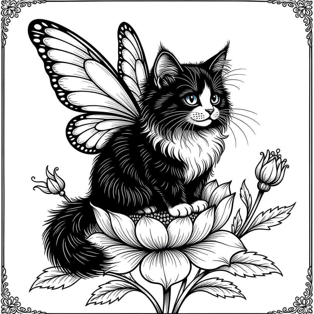 Cute Cat Coloring Page with Fairy Wings on Flower