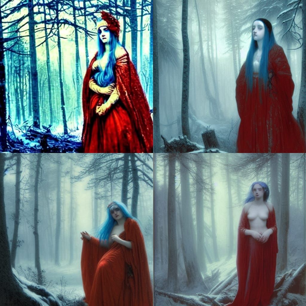 Princess with blue hair in the winter forest, winter, face, chest, portrait