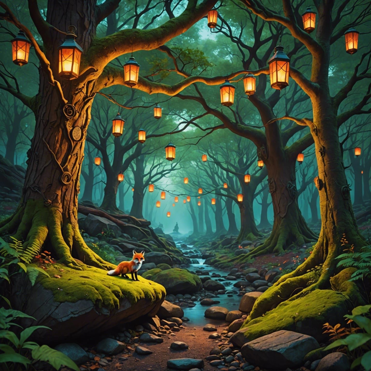 Enchanted Forest Scene with Fox and Lanterns