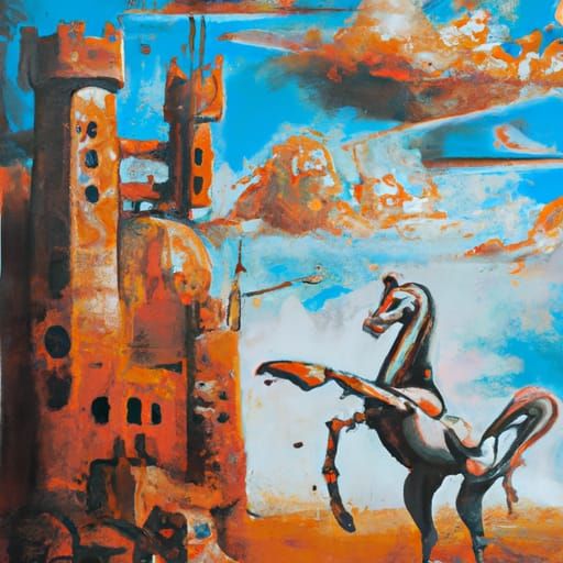 Robot Horse and Castle in Surreal Landscape