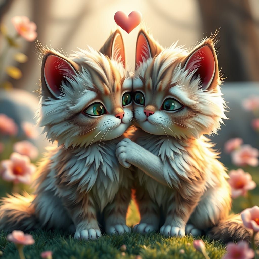 Two Fluffy Cats in Love, Glossy 3D Cartoon Style