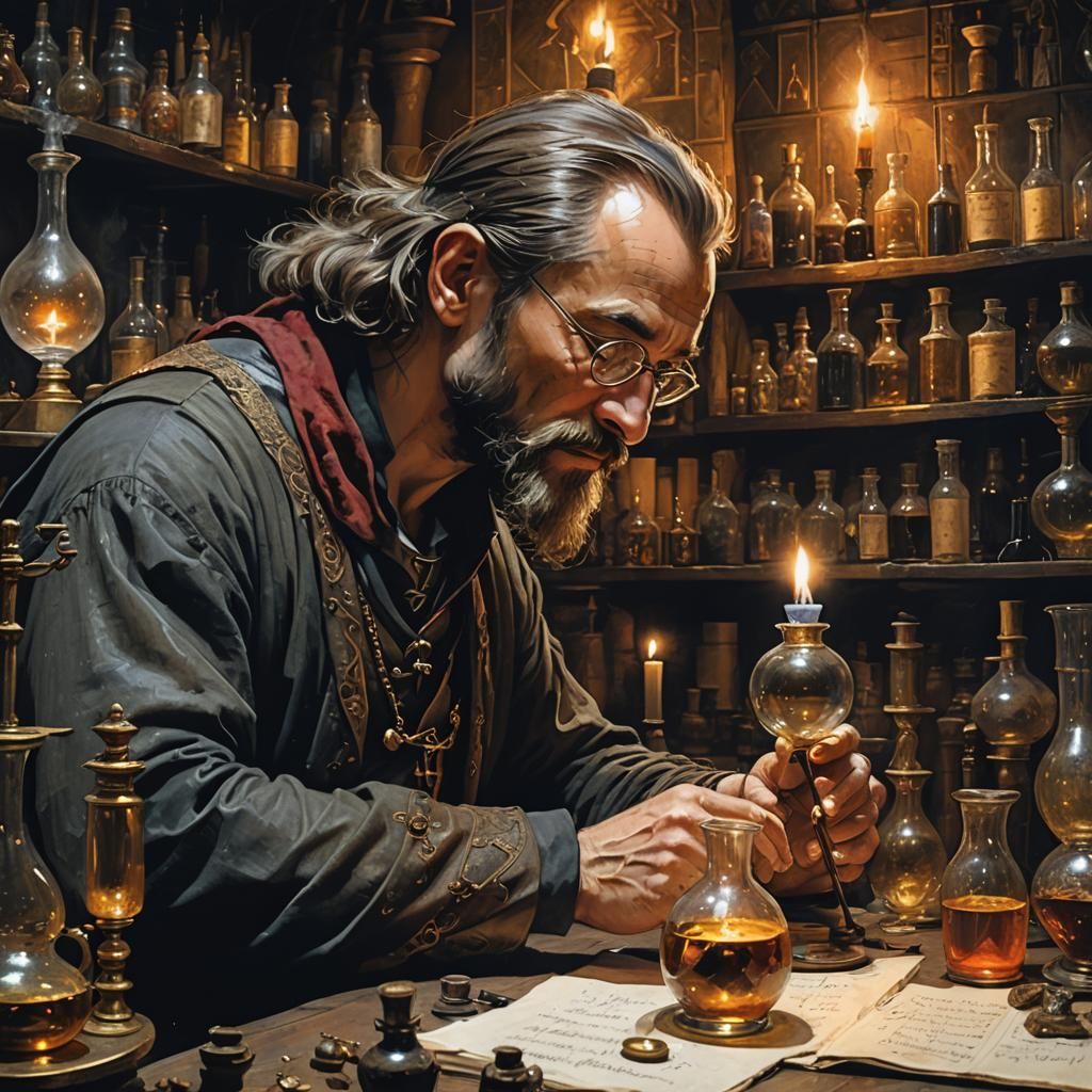 Alchemist at Work in Medieval Lair, Alcohol Ink Style
