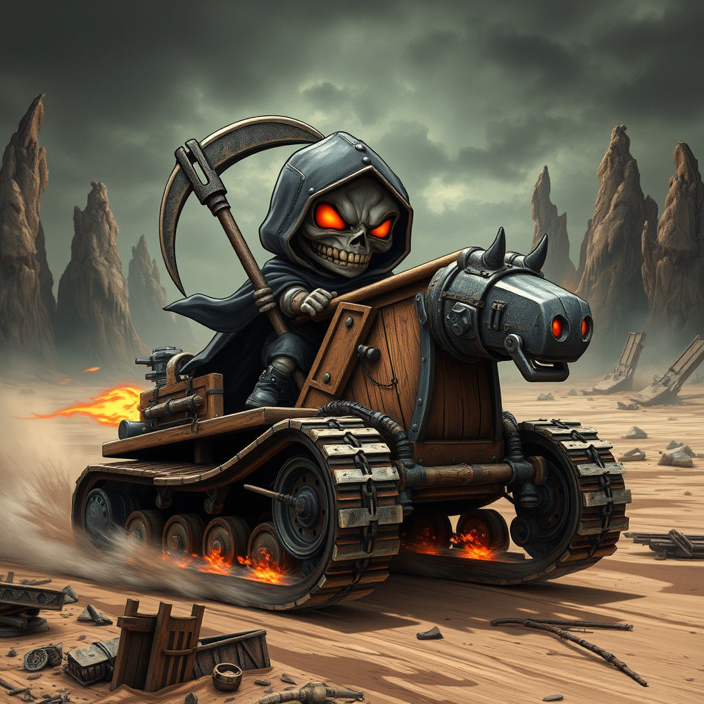 Chibi Grim Reaper Races Rocking Horse Tank in Wasteland