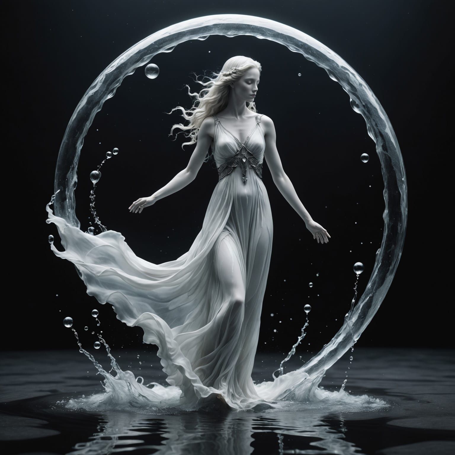 Aquarius Zodiac Symbol in Ethereal Futuristic Water Scene