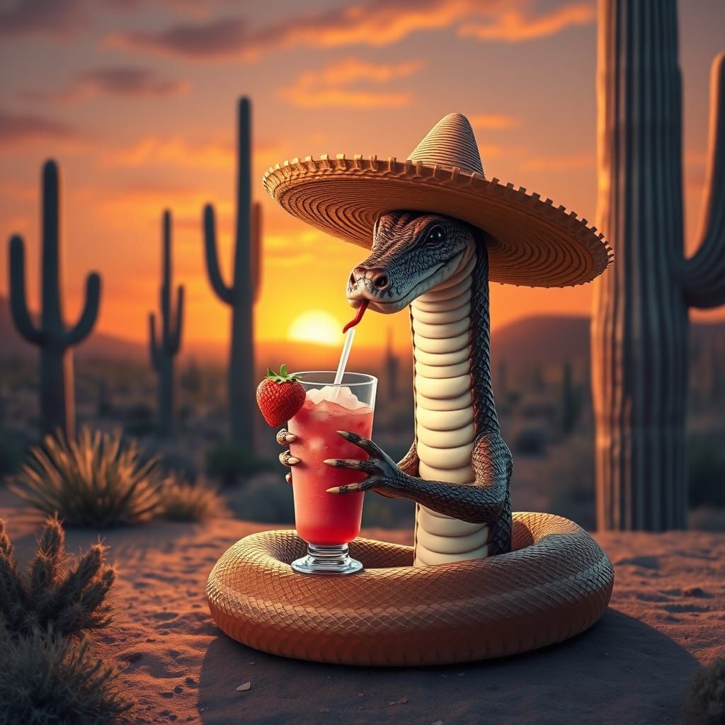 Snake in Sombrero Sips Slushie at Sunset