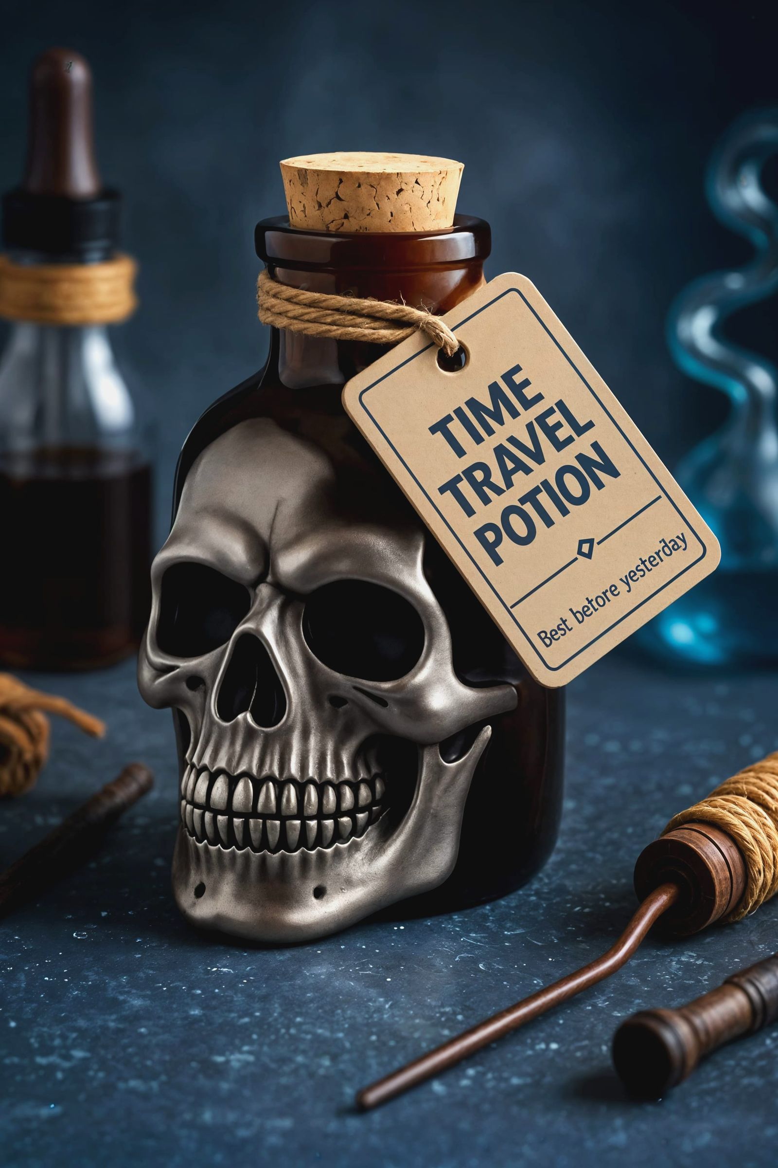 Potion in a Vintage Skull-Shaped Bottle with Distressed Labe...