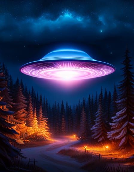 UFO Flying Over Forest at Night