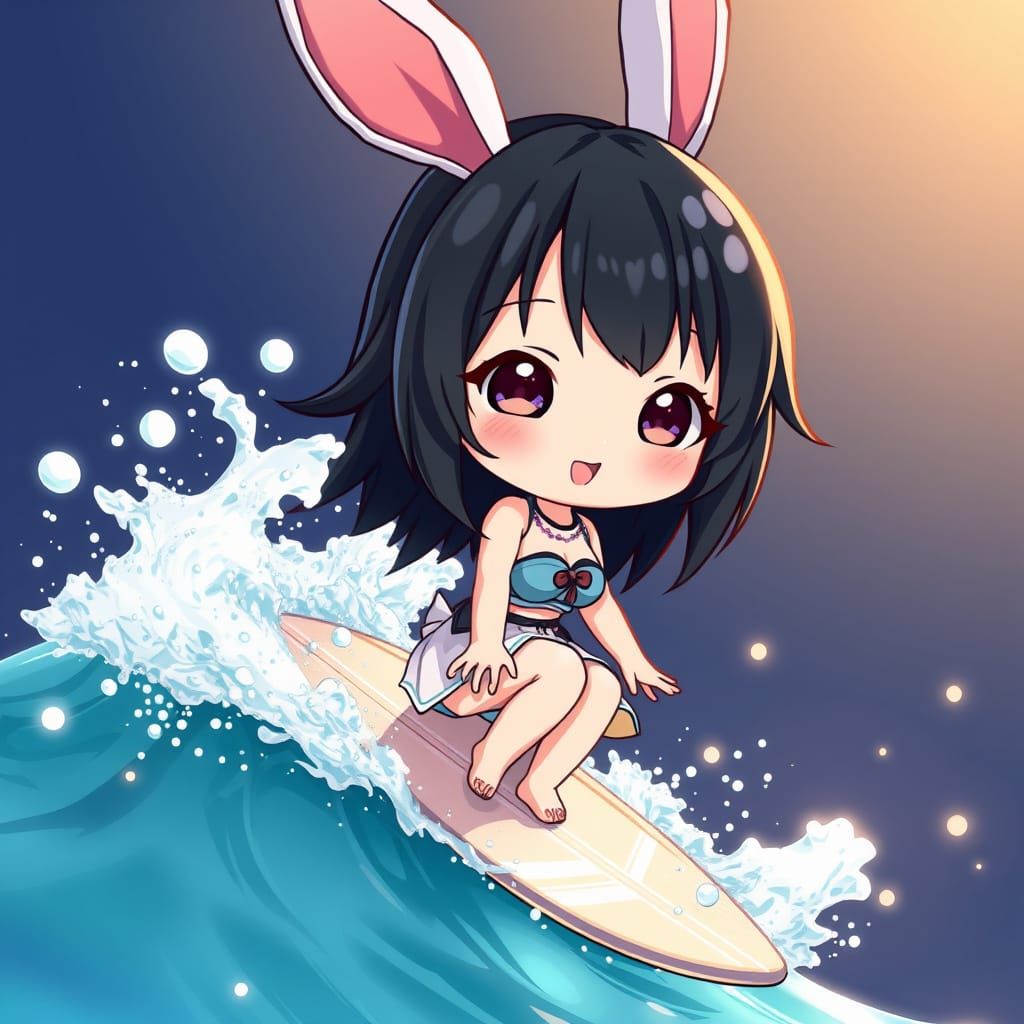 Chibi Anime Girl Riding Sparkling Wave in Vibrant Colors