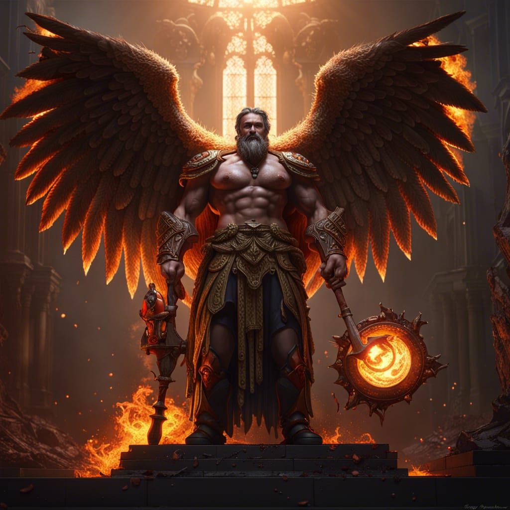Hephaestus with Angel Wings, Dark Fantasy Art