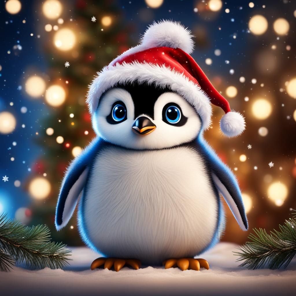 Festive Penguin in Santa Hat with Christmas Lights