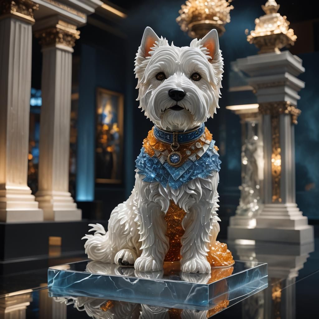 Glass Westie Sculpture in Dimly Lit Museum