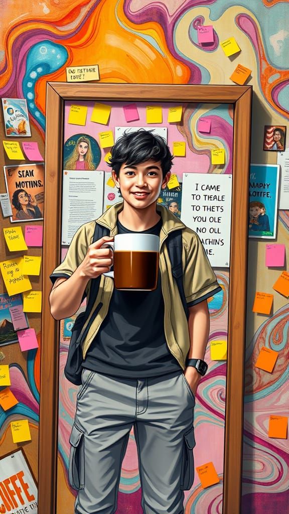 Motivational Cartoon Character with Oversized Coffee