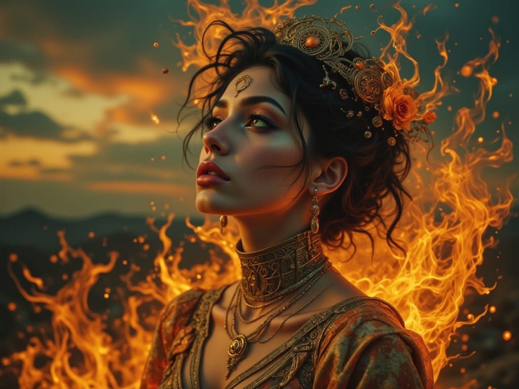 Fiery Dreamscape: Woman in Surreal Fantasy Art