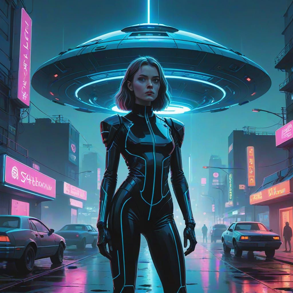 Confident Woman in Skintight Neon Bodysuit Beneath Retro-Fut...