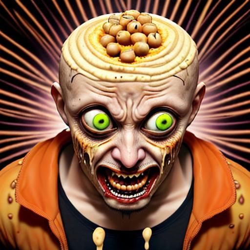 In a photorealistic style; Crazy hummus guys; horrific style, expressions of fear and anguish; psychedelic horror with h...