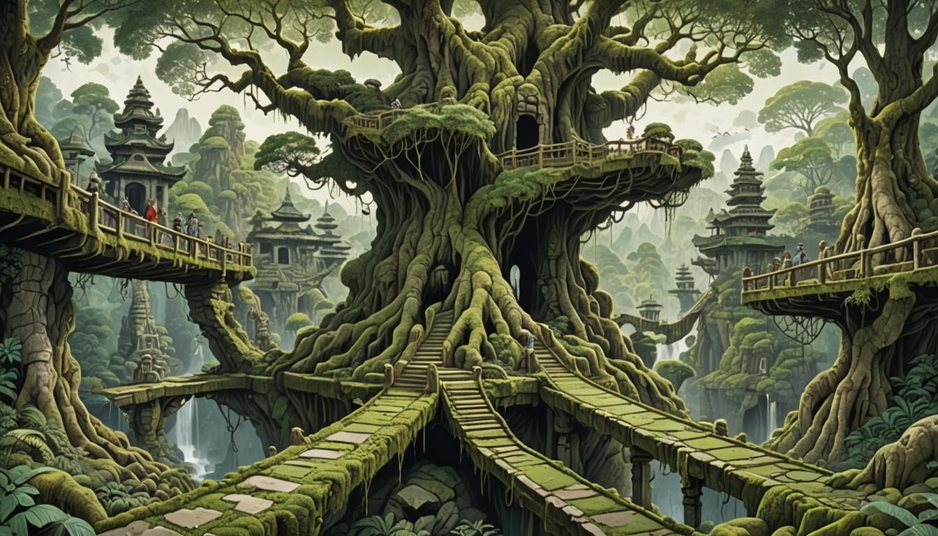 Surreal Floating City with Ancient Stone Deities