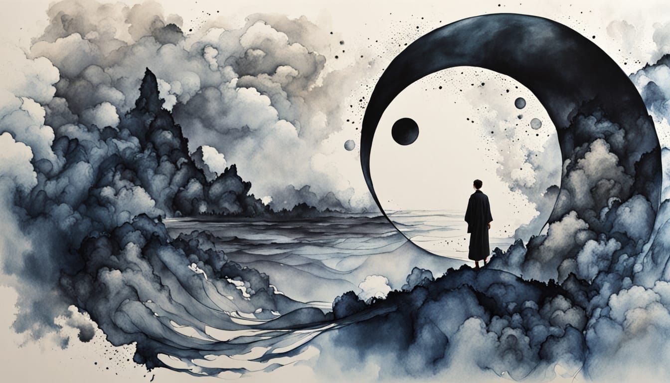 Zen Ink Wash Painting of Soul Contemplating Cosmic Stillness