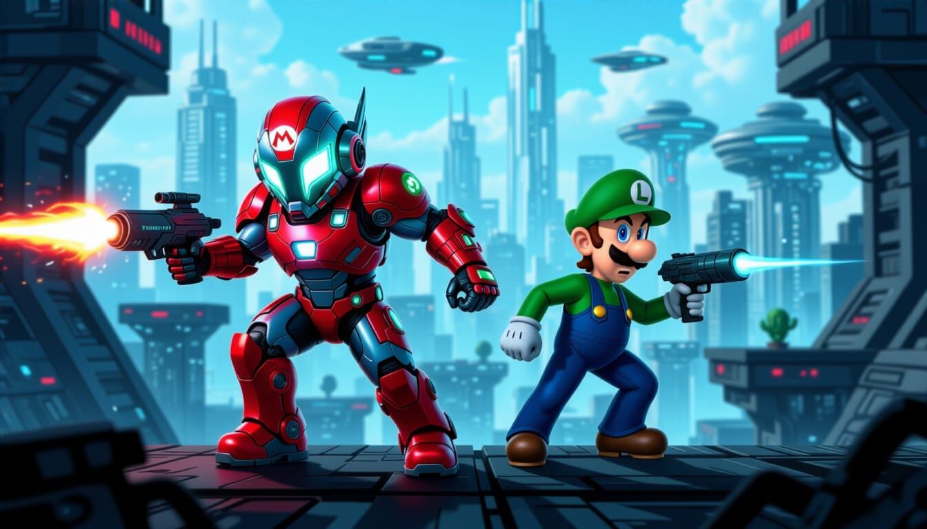 Cyborg Mario & Luigi in Dystopian Cyberpunk City