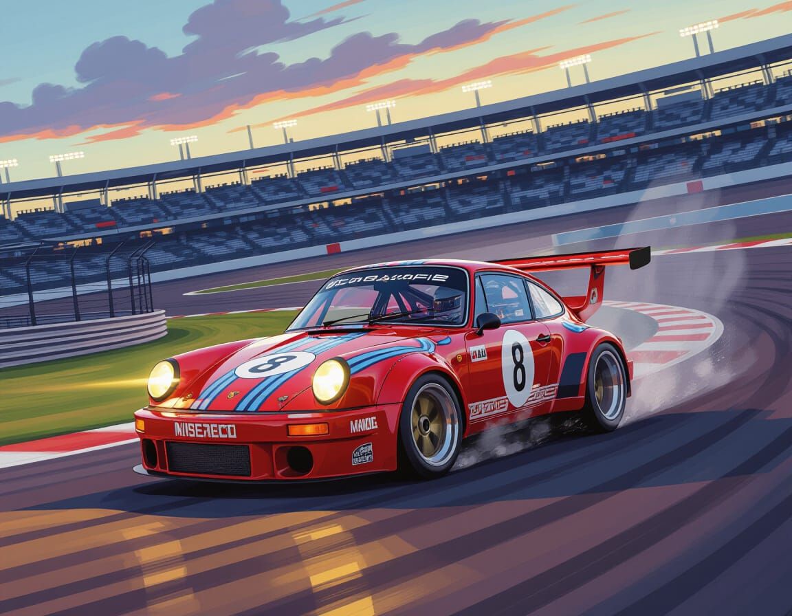 1973 Porsche RSR Speeds on Daytona Track at Dusk