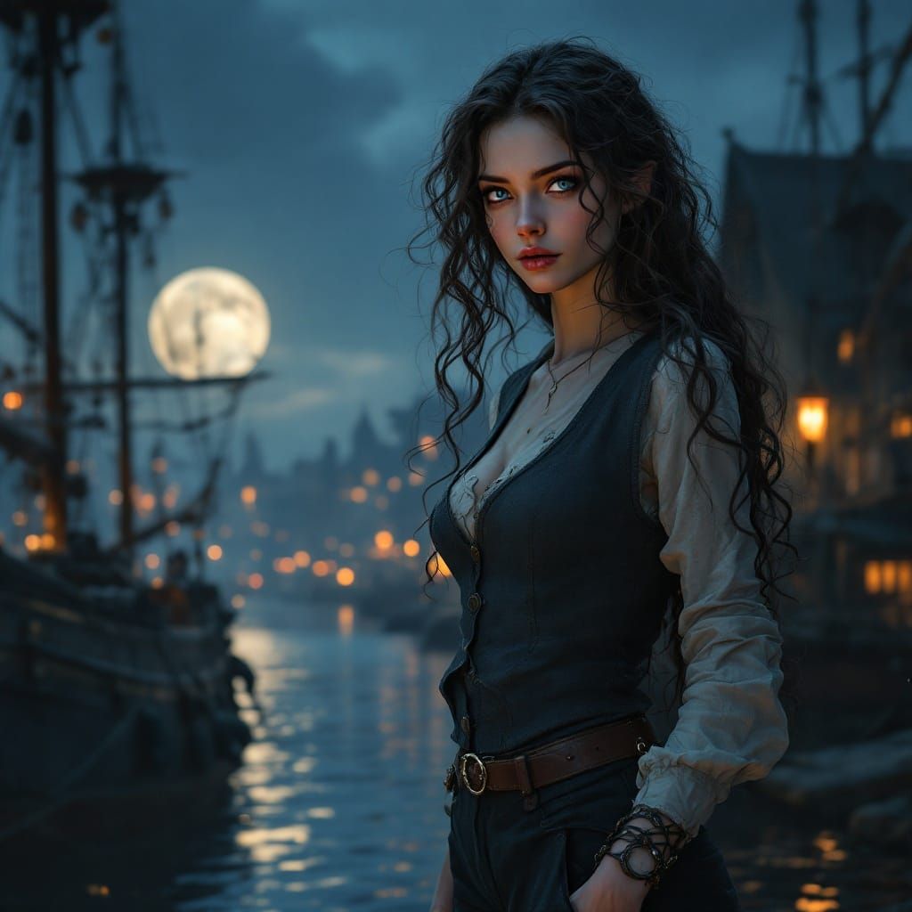 Romanticized Harbor Cityscape with Mysterious Woman