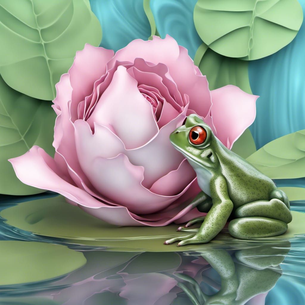 Frog on Water Rose in Abstract Fractal Style