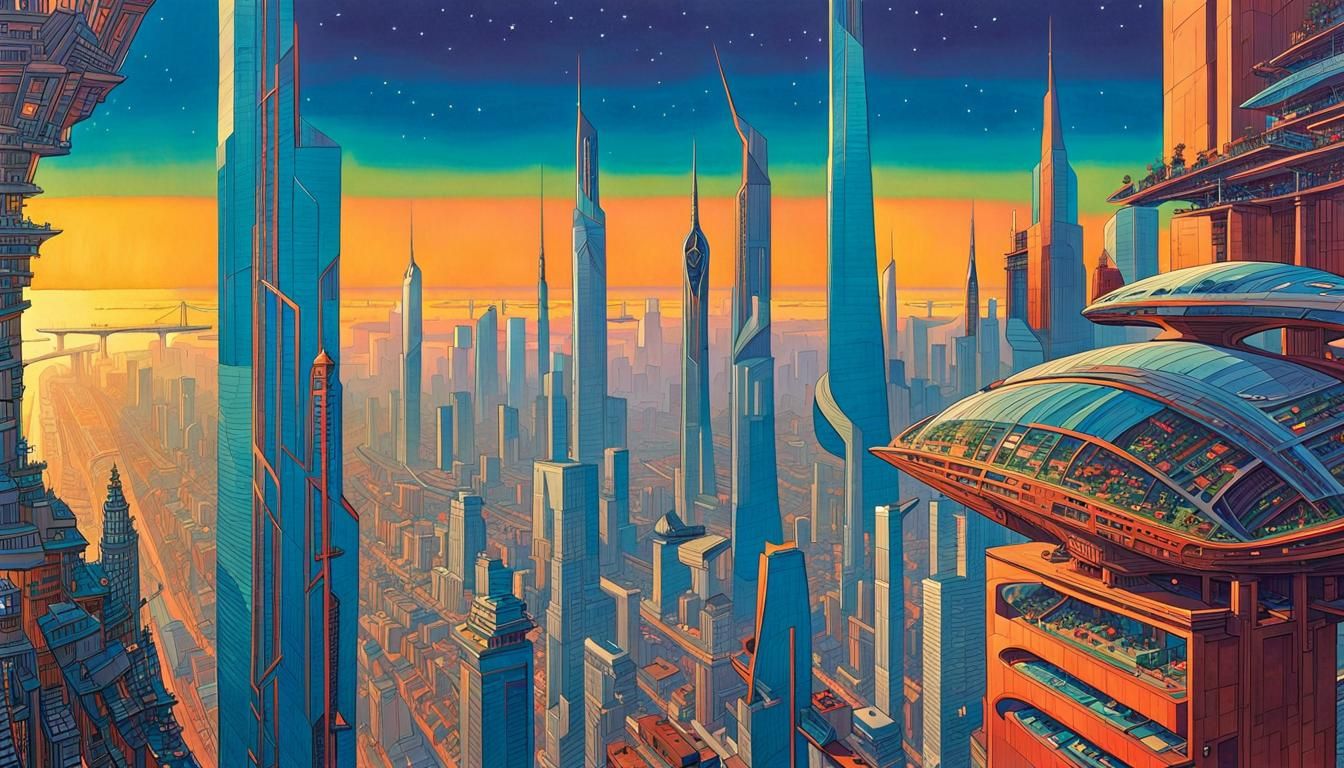 A retro futuristic city  drawn in the style of Moebius 
The ...