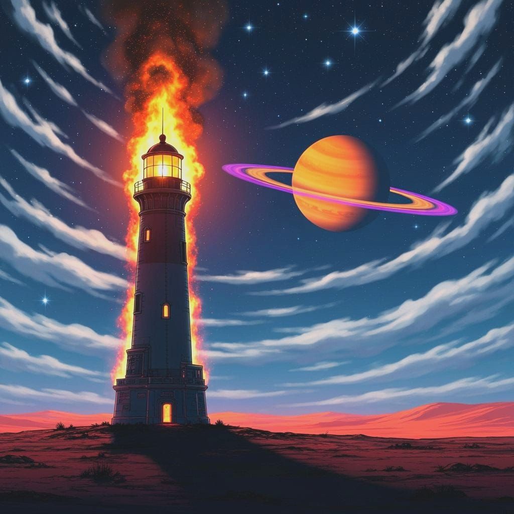 Fiery Desert Lighthouse in Futuristic Style