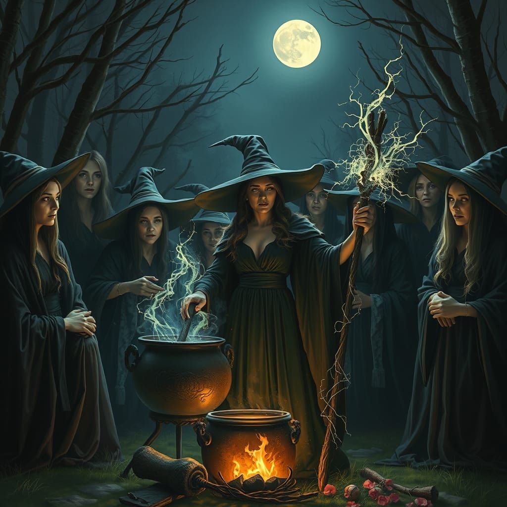 Witches Coven in Moonlit Clearing with Mystical Cauldron