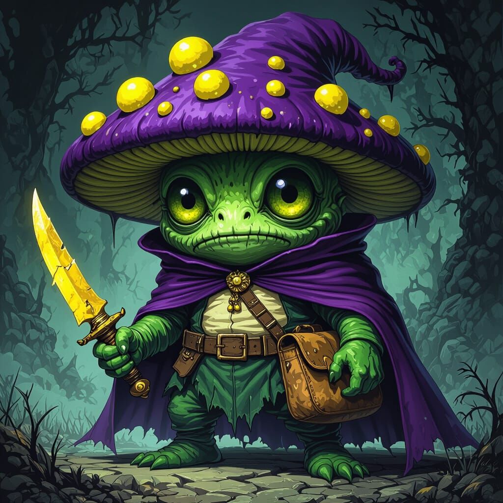 Gothic Mushroom Creature with Purple Cape and Yellow Knife