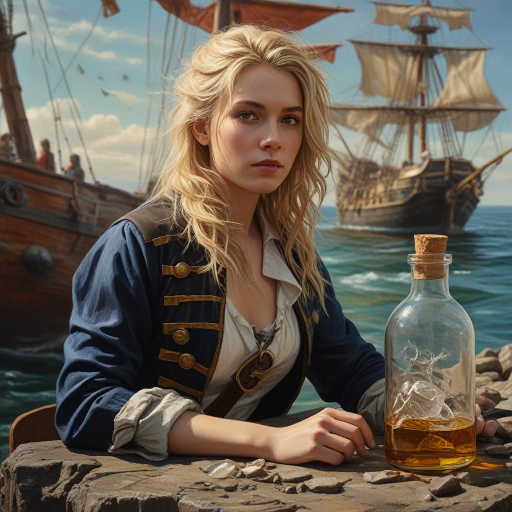 Pirate Maiden Poses with Ship in Bottle, Amidst Turbulent Se...